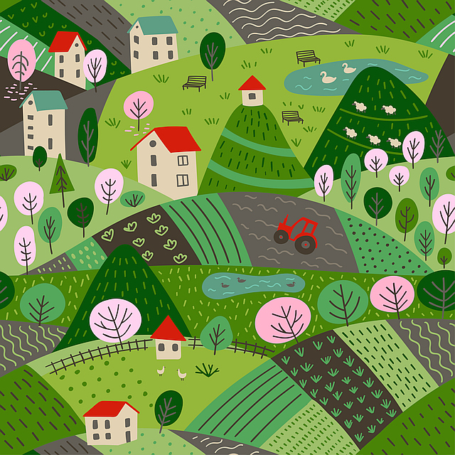 vector pattern of a spring village landscape thumbs